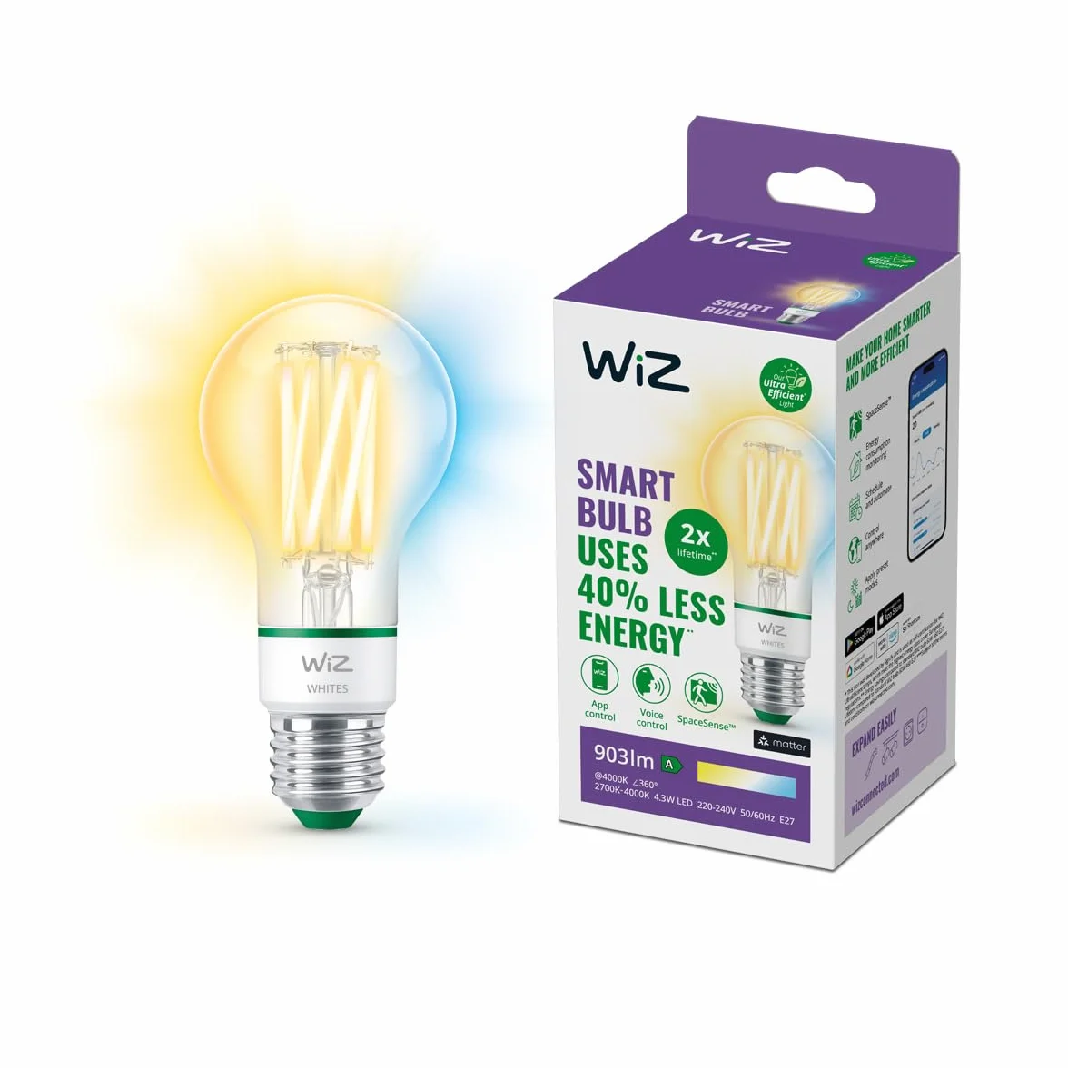 WiZ - Bombilla LED inteligente, E27, clase A (ahorro de energía), conécta via Wi-Fi, tecnologia SpaceSense y Matter, compatible con Alexa