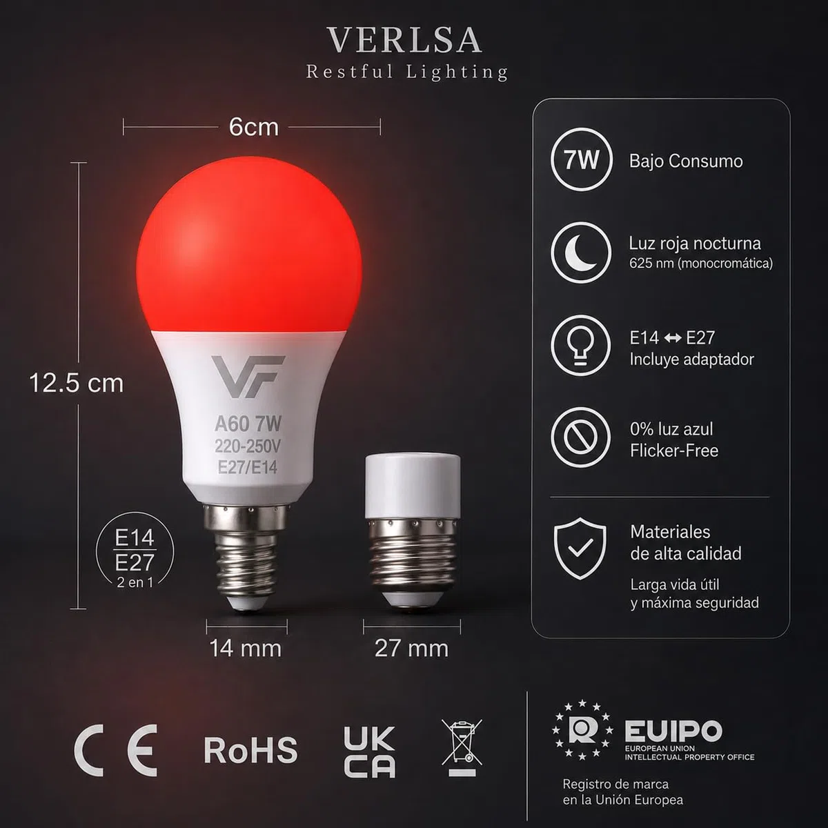 Bombilla Luz Roja Nocturna Melatonina 630Nm (2 En 1) Rosca E27 + E14 (Adaptador Incluido) - Bombilla Roja LED - Terapia Para Dormir - Sin Luz Azul - Flicker Free - Descanso Niños Y Adultos