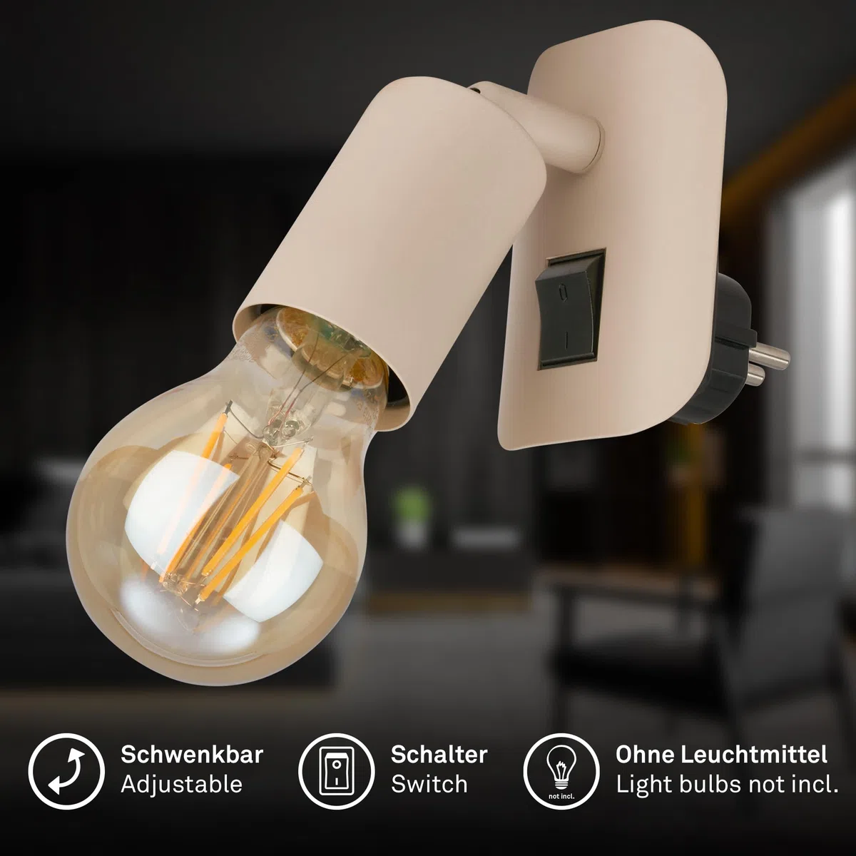 BRILONER - Aplique pared interior con interruptor, orientable, casquillo E27, enchufe, apliques dormitorio, lampara pared, apliques, 9,5x6,7x7,8 cm, beige
