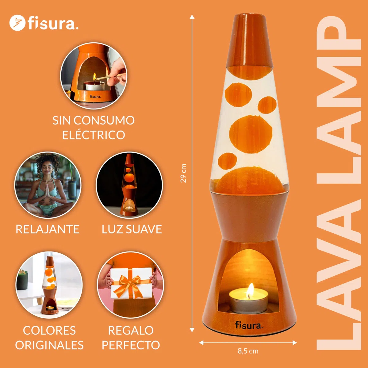 Fisura - Lámpara de Lava con Vela, Sin Electricidad, Terracota, Eco-Friendly, Regalo Original. 29 cm x 8,5 cm (Vela no Incluida)