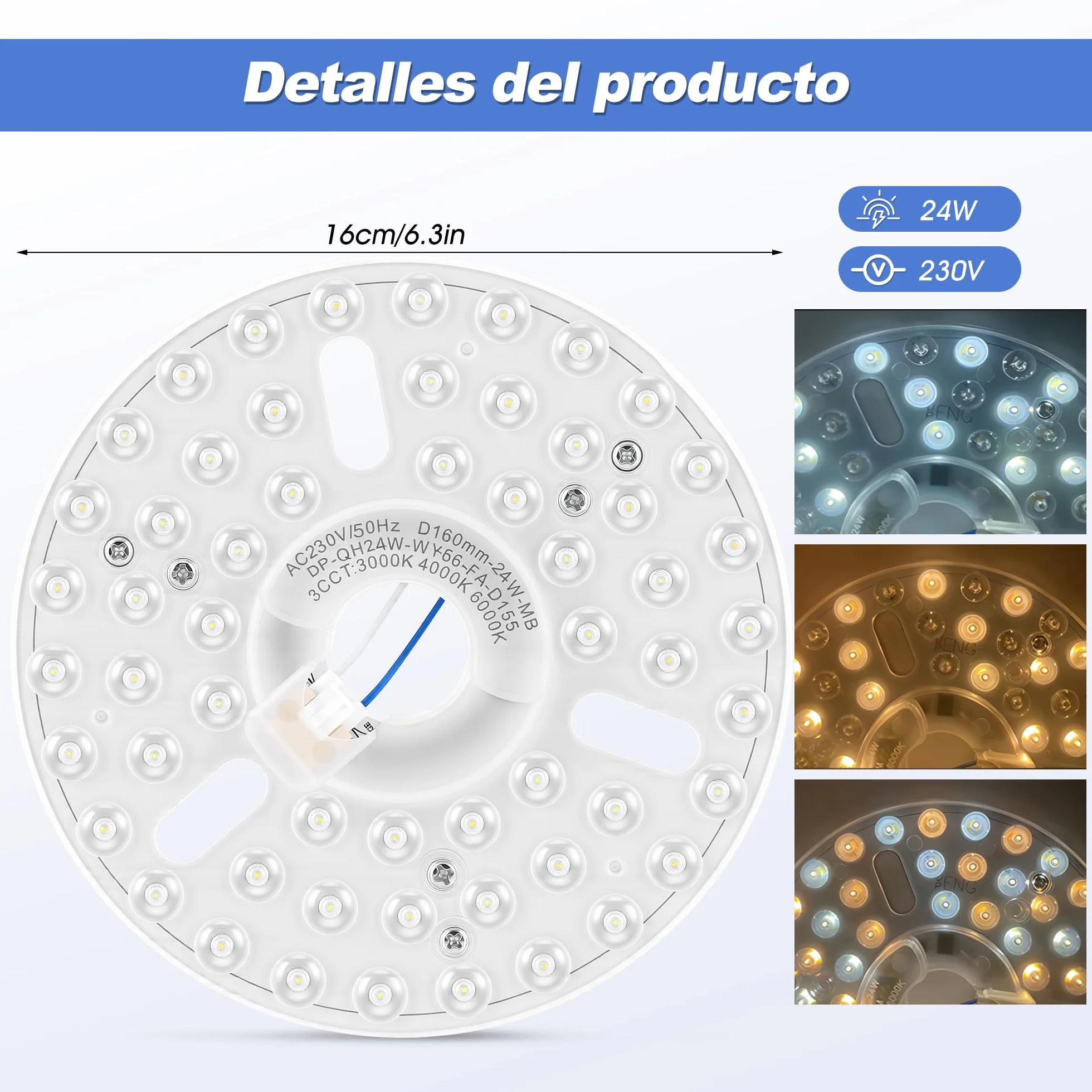 Kit de Luz del Ventilador de Techo LED de 6.3 Pulgadas Magnética de 24W Dimmable 3CCT 3000K 4000K 6000K Techo Ventilador Panel de Reemplazo de Luz (230V)