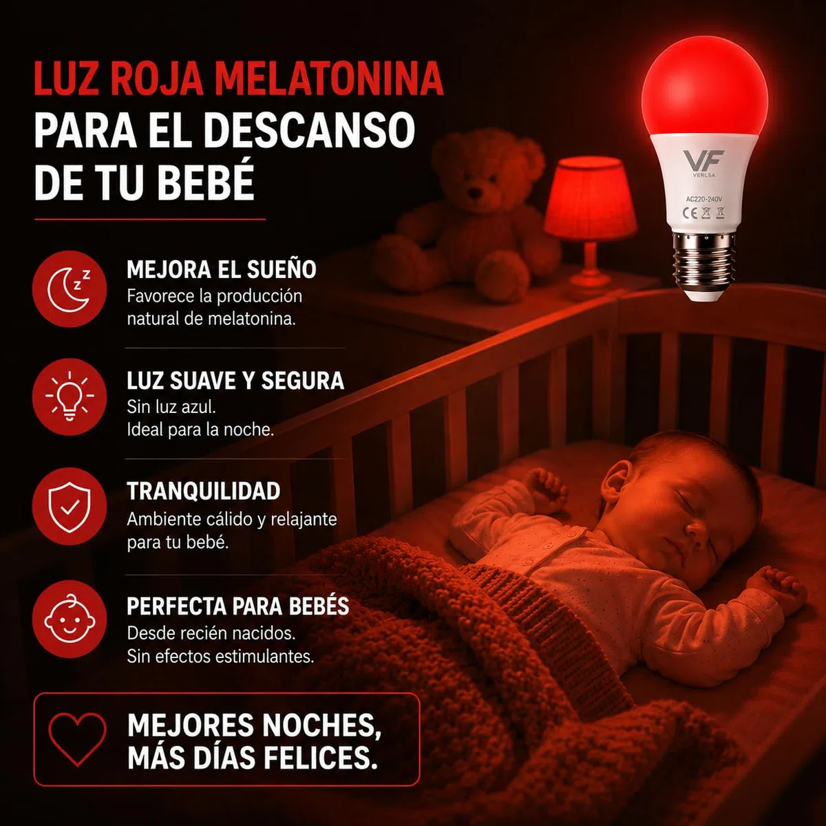 Bombilla Luz Roja Nocturna Melatonina 630Nm (2 En 1) Rosca E27 + E14 (Adaptador Incluido) - Bombilla Roja LED - Terapia Para Dormir - Sin Luz Azul - Flicker Free - Descanso Niños Y Adultos