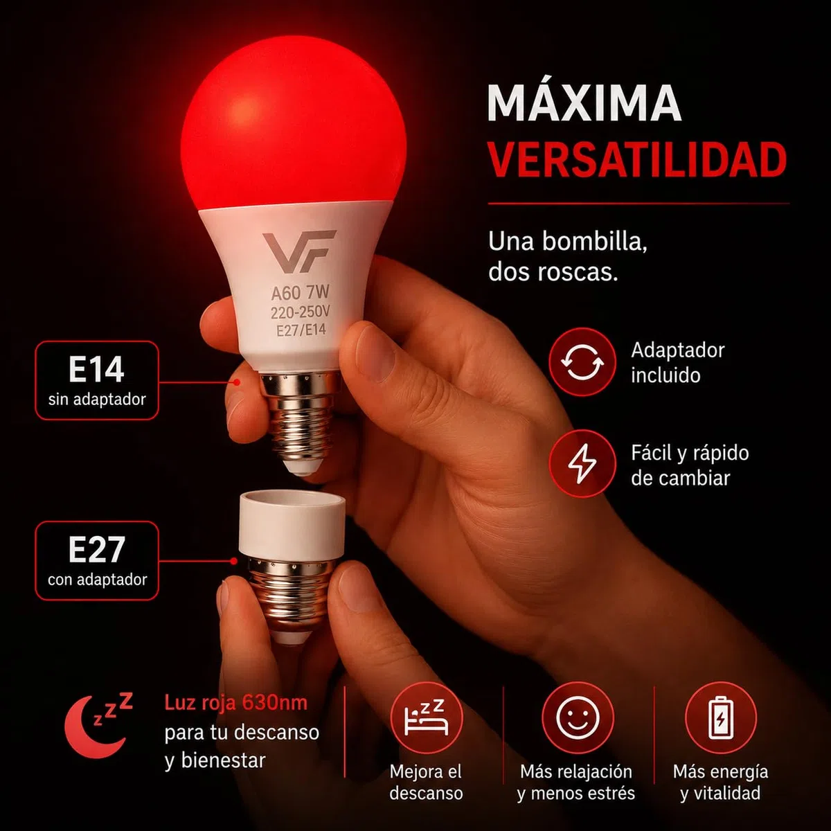Bombilla Luz Roja Nocturna Melatonina 630Nm (2 En 1) Rosca E27 + E14 (Adaptador Incluido) - Bombilla Roja LED - Terapia Para Dormir - Sin Luz Azul - Flicker Free - Descanso Niños Y Adultos