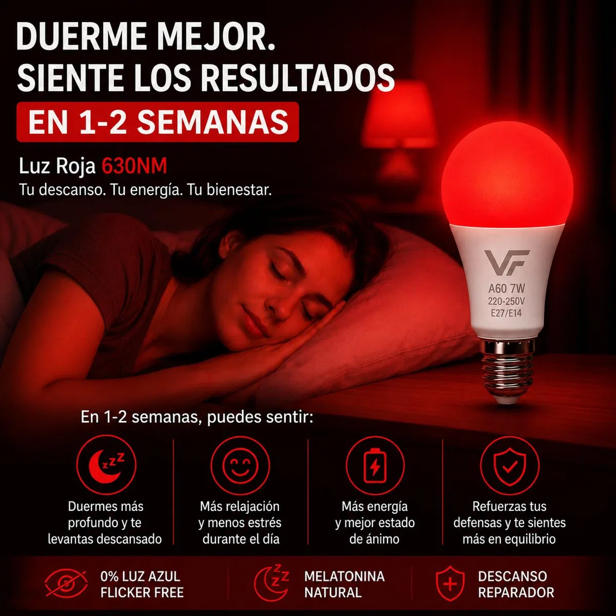 Bombilla Luz Roja Nocturna Melatonina 630Nm (2 En 1) Rosca E27 + E14 (Adaptador Incluido) - Bombilla Roja LED - Terapia Para Dormir - Sin Luz Azul - Flicker Free - Descanso Niños Y Adultos