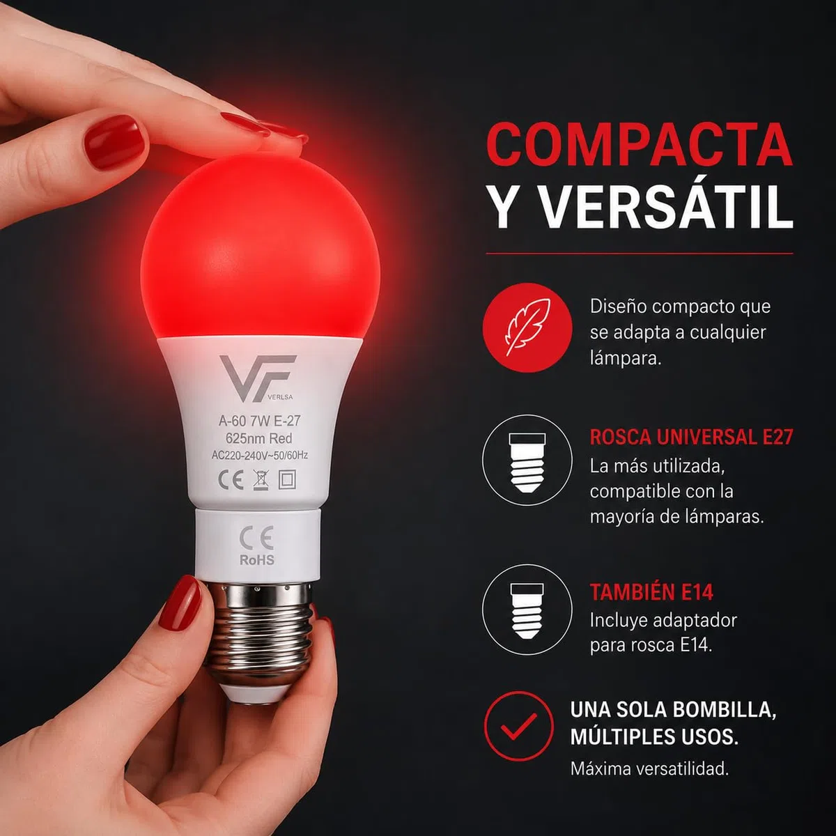 Bombilla Luz Roja Nocturna Melatonina 630Nm (2 En 1) Rosca E27 + E14 (Adaptador Incluido) - Bombilla Roja LED - Terapia Para Dormir - Sin Luz Azul - Flicker Free - Descanso Niños Y Adultos