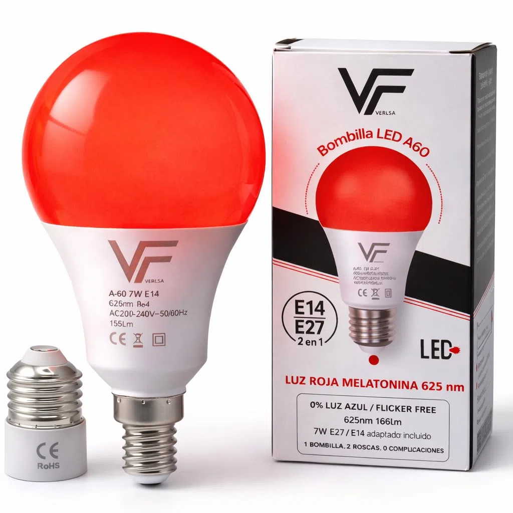 Bombilla Luz Roja Nocturna Melatonina 630Nm (2 En 1) Rosca E27 + E14 (Adaptador Incluido) - Bombilla Roja LED - Terapia Para Dormir - Sin Luz Azul - Flicker Free - Descanso Niños Y Adultos