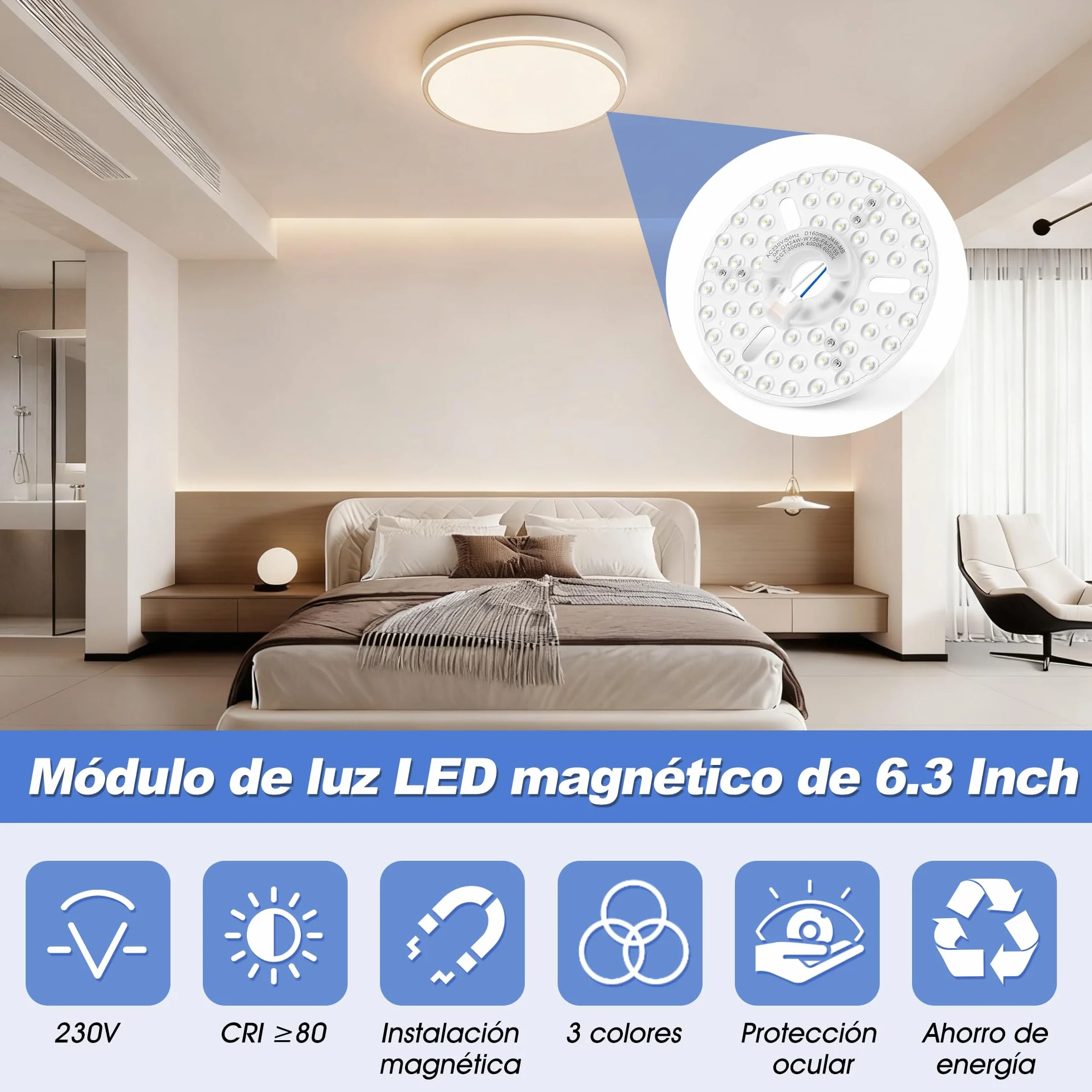 Kit de Luz del Ventilador de Techo LED de 6.3 Pulgadas Magnética de 24W Dimmable 3CCT 3000K 4000K 6000K Techo Ventilador Panel de Reemplazo de Luz (230V)
