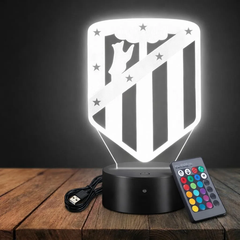 Atletico de madrid Lámpara 3D Regalos, Atletico de madrid Fútbol Lámpara, 16 Colores de Iluminacion y Mando a Distancia
