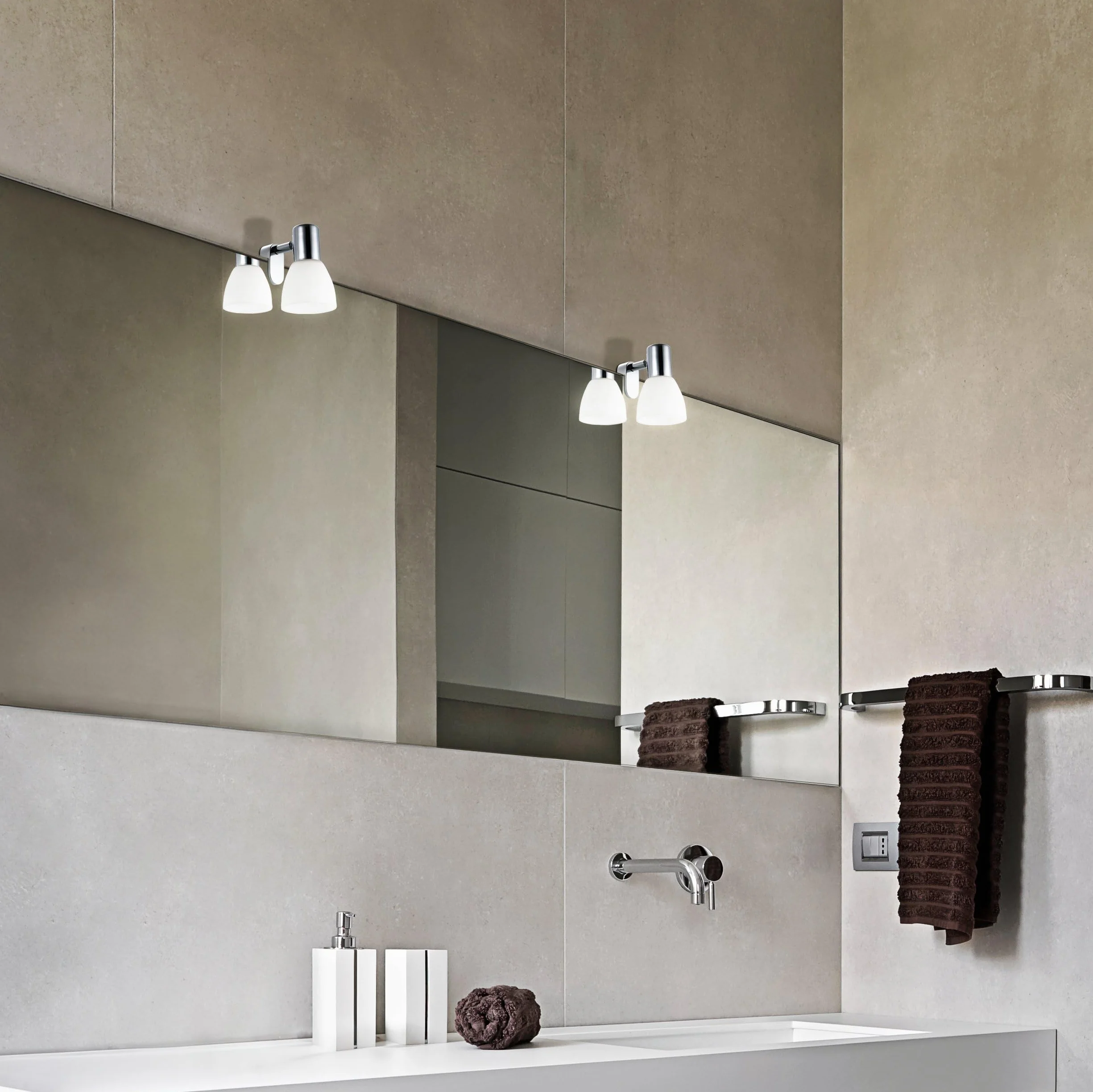 Eglo Lámpara de espejo con adhesivo, aplique de pared de metal y cristal opalino mate, lámpara para cuarto de baño en cromo, blanco, luz antihumedad, IP44, casquillo E14