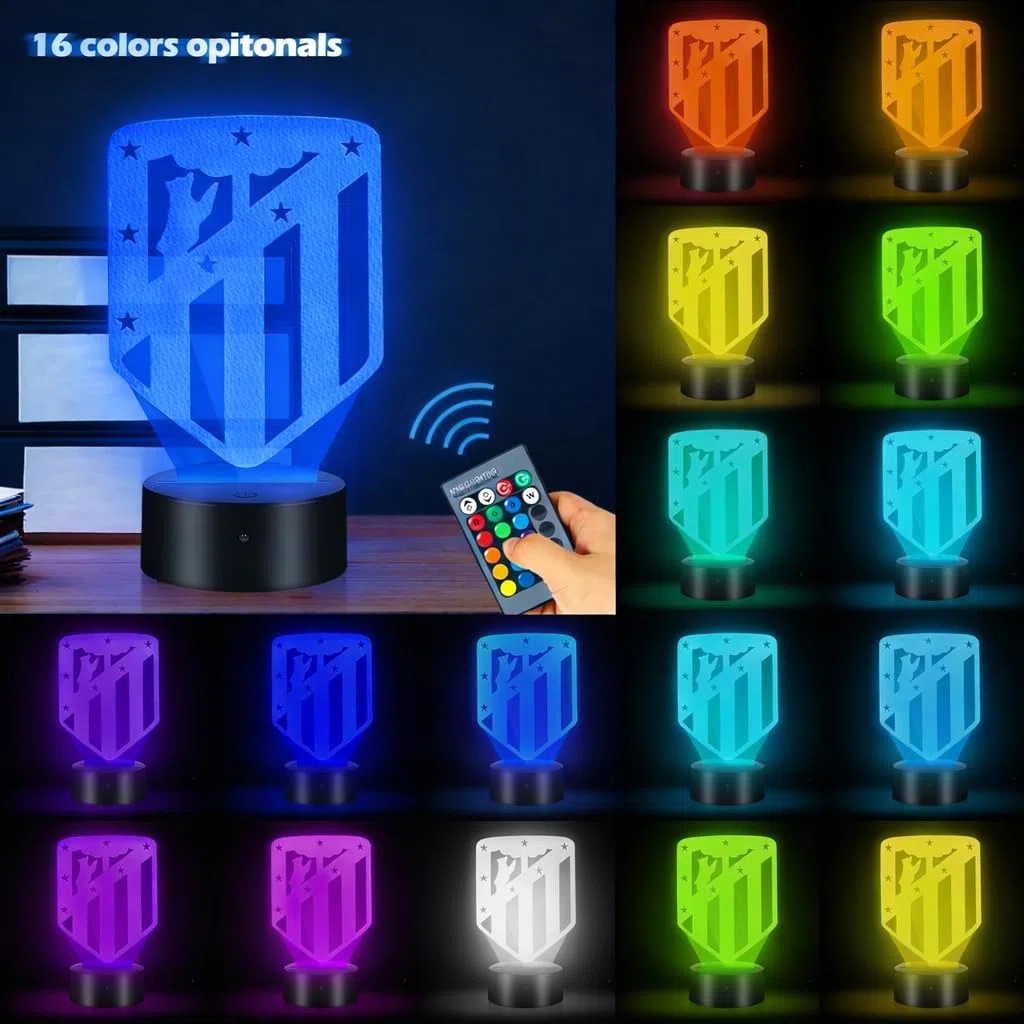 Atletico de madrid Lámpara 3D Regalos, Atletico de madrid Fútbol Lámpara, 16 Colores de Iluminacion y Mando a Distancia